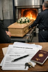 Documents nécessaires pour une crémation posés devant un cercueil au crématorium