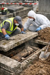 Réouverture d’une tombe dans un cimetière par des professionnels funéraires, avec ouverture d’un caveau pour illustrer les conditions et délais avant réouverture