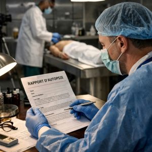 Médecin légiste consultant un rapport d’autopsie dans le cadre de la procédure d’obtention du document