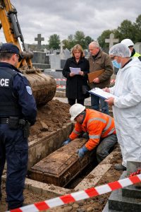 Exhumation dans un cimetière en France avec présence des autorités et de la famille lors de la procédure
