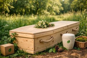 Cercueil écologique en bois naturel avec poignées en corde dans un environnement verdoyant