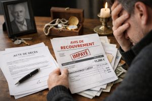 Succession et dettes après décès avec documents de crédit impayé et acte de décès sur une table
