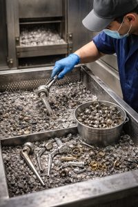 Métaux récupérés après une crémation avec prothèses orthopédiques et bijoux sur une table technique de crématorium