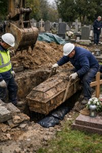 Exhumation dans un cimetière en France avec des agents funéraires retirant un cercueil lors d’une intervention encadrée
