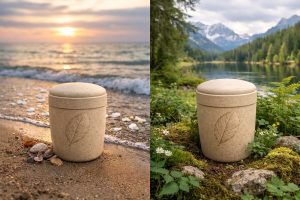 Urne biodégradable posée sur une plage et en pleine nature pour illustrer les options de dispersion en mer ou dans un environnement naturel