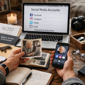 Héritage numérique illustré par les comptes en ligne et réseaux sociaux d’une personne décédée sur écran, avec gestion des données et souvenirs numériques