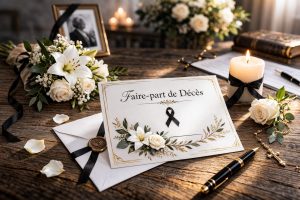 Faire-part de décès posé sur une table en bois avec fleurs blanches, bougie, ruban noir et stylo dans une ambiance sobre et réaliste