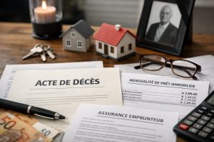 Prêt immobilier du défunt avec documents d’assurance emprunteur, mensualités de crédit immobilier et acte de décès