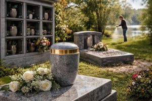 Urne funéraire en granit devant un columbarium et un cavurne, avec dispersion de cendres en arrière-plan