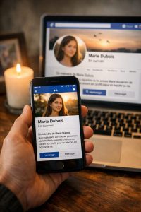 Personne tenant un smartphone affichant un compte Facebook mémorial devant un ordinateur portable dans une ambiance de recueillement