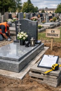 Monument funéraire en granit avec pose en cours dans un cimetière, illustration des prix, délais de pose et autorisations mairie