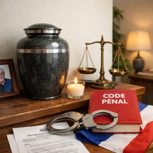 Urne funéraire posée dans un domicile avec balance de justice et code pénal, illustration de la loi française sur la conservation des cendres à domicile