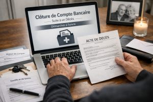 Personne effectuant les démarches pour fermer un compte bancaire en ligne après un décès avec acte de décès et documents administratifs