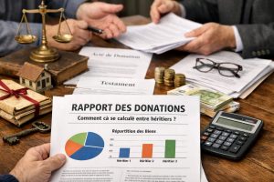 Rapport des donations entre héritiers avec documents de succession, calculatrice, argent et balance de justice