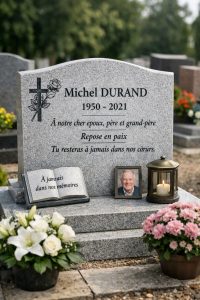 Pierre tombale en granit dans un cimetière avec inscriptions funéraires et fleurs, illustrant les règles et textes possibles sur une sépulture