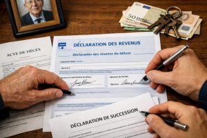 Qui signe la déclaration d’impôt du défunt et des héritiers : un héritier et un proche signent des documents fiscaux de succession sur une table