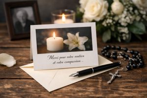 Carte de remerciements après obsèques posée sur une table en bois avec bougie, fleurs blanches et stylo