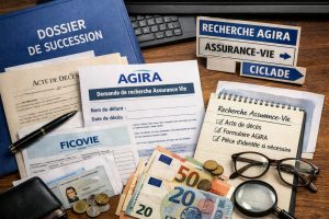 Recherche d’assurance-vie via AGIRA avec formulaire, acte de décès, dossier de succession, FICOVIE et documents de démarche
