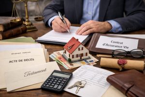 Bureau de notaire avec acte de décès, testament, contrat d’assurance vie, maison miniature, clés et documents pour l’ouverture d’une succession