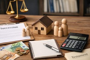 Documents de succession, balance de justice, maison miniature, figurines familiales et calculatrice affichant un montant en euros pour illustrer le calcul de la réserve héréditaire.