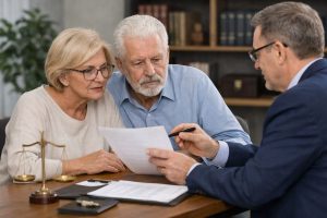 Un couple de seniors consulte un notaire et examine un document de succession sur un bureau
