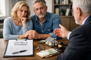 Couple échangeant avec un notaire devant un testament, une maison miniature, des clés et des billets en euros, illustrant les droits des héritiers réservataires
