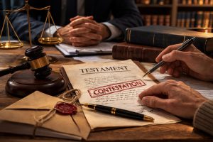 Document intitulé « Testament » tamponné « Contestation » sur un bureau, avec balance de justice, marteau, livres de droit et photo de famille brisée.