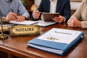 Trois personnes en réunion chez un notaire, avec une plaque “NOTAIRE” et un dossier “Succession” sur un bureau.