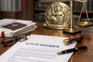 Document intitulé « acte de notoriété » posé sur un bureau en bois, avec un stylo plume, un sceau et des objets de notaire en arrière-plan, en format horizontal.