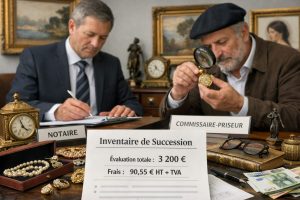 Inventaire de succession avec notaire et commissaire-priseur évaluant des biens et des bijoux pour illustrer qui réalise l’inventaire et son coût