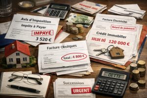 Passif successoral avec impôts impayés, crédit immobilier, facture d’obsèques, factures en retard et calculatrice pour illustrer les dettes de succession