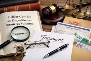 Gros plan horizontal d’un registre “Fichier Central des Dispositions de Dernières Volontés”, d’un document “Testament”, d’une loupe, d’un stylo, de clés et de papiers administratifs sur un bureau.