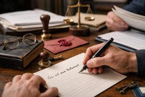 Main tenant un stylo plume en train d’écrire un testament olographe sur une feuille, avec cachet de notaire, sceau de cire, lunettes et balance de la justice sur un bureau