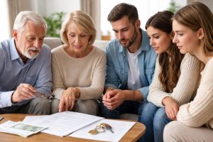 Parents et frères et sœurs examinent des documents d’héritage sur une table avec des clés et des billets en euros, dans un salon lumineux.