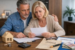 Couple pacsé assis à une table, lisant des documents liés à la succession, avec un dossier testament et une assurance-vie visibles