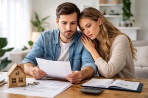 Un couple en concubinage consulte des documents de succession sur une table, avec une maquette de maison, des clés et une calculatrice.