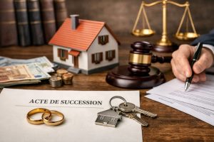 Document de succession avec alliances, maquette de maison, clés, pièces, marteau de juge et balance de justice sur un bureau, illustrant héritage et régime matrimonial.