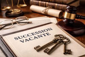 Document « Succession vacante » posé sur un bureau, avec des clés anciennes, un marteau de justice et des ouvrages juridiques en arrière-plan.