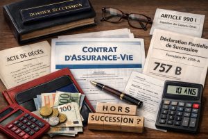 Assurance-vie après décès avec contrat, acte de décès, dossier de succession, fiscalité et documents pour illustrer le lien avec la succession