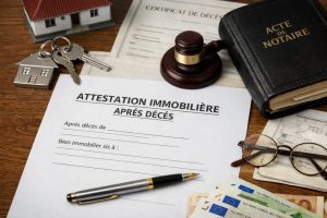 Attestation immobilière après décès avec documents notariés, clés de maison et dossier de succession