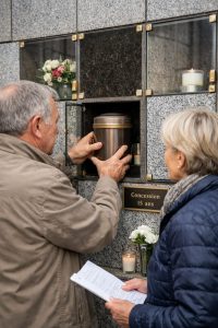 Couple devant un columbarium lors du dépôt d’une urne funéraire dans une case de concession
