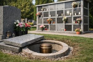Cavurne dans un cimetière avec columbarium en arrière-plan illustrant la différence entre cavurne et columbarium