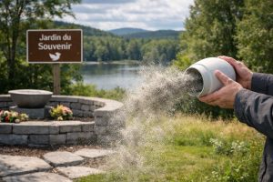 Dispersion des cendres dans un jardin du souvenir en France, dans un cadre naturel et légal