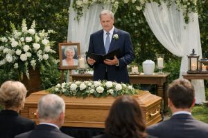 Cérémonie laïque d’obsèques civiles personnalisées avec proches réunis autour du cercueil lors d’un hommage en extérieur