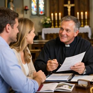 Couple échangeant avec un prêtre dans une église pour préparer les démarches d’une cérémonie religieuse