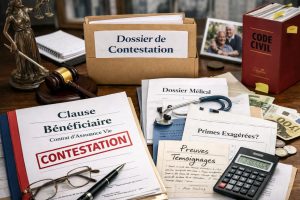 Clause bénéficiaire d’assurance-vie contestée avec contrat, documents juridiques, loupe, tribunal et dossier de succession