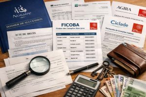 Recherche des comptes bancaires du défunt avec dossier de succession, document FICOBA, Ciclade, acte de décès et relevés bancaires