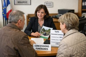 Concession funéraire dans un cimetière communal avec allée, tombes soignées et ambiance réaliste, illustrant le prix, la durée et l’achat en mairie