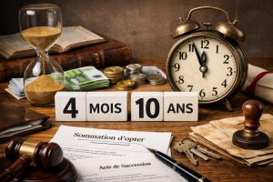 Délais pour se prononcer sur une succession avec blocs 4 mois et 10 ans, documents juridiques, horloge, sablier, argent et clés