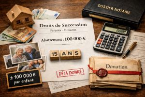 Droits de succession entre parents et enfants avec abattement de 100000 euros, dossier notarial, donation et transmission familiale